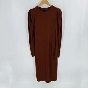 Express Brown Ribbed Knit Midi Dress Puff Shoulder Long Sleeve Size Small Fall